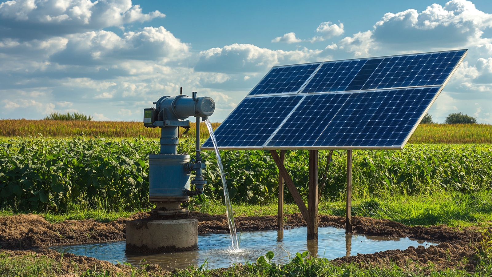 paineis solares absorvendo luz para alimentar uma Bomba d'água solar